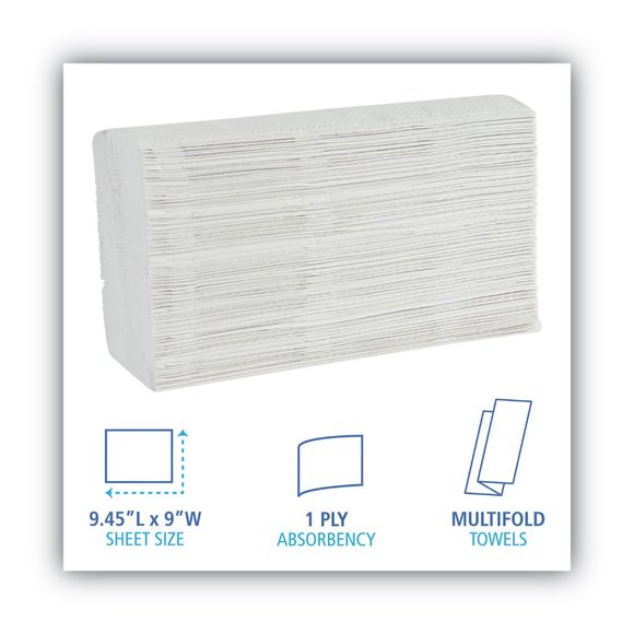 Boardwalk Multifold Paper Towels, White, 9 x 9 9/20, 250 Towels/Pack, 16 Packs/C - Picture 3 of 6